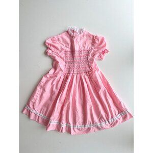 Vintage Girl's Pink Cotton Smocked Lace Trim Peasant Dress, Size M (8-9)